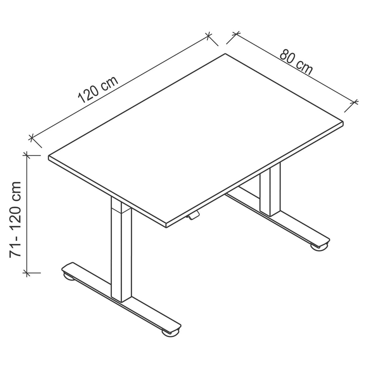 Technische tekening van het bureau XMST 12 S van 120 × 80 cm van hjh OFFICE PRO