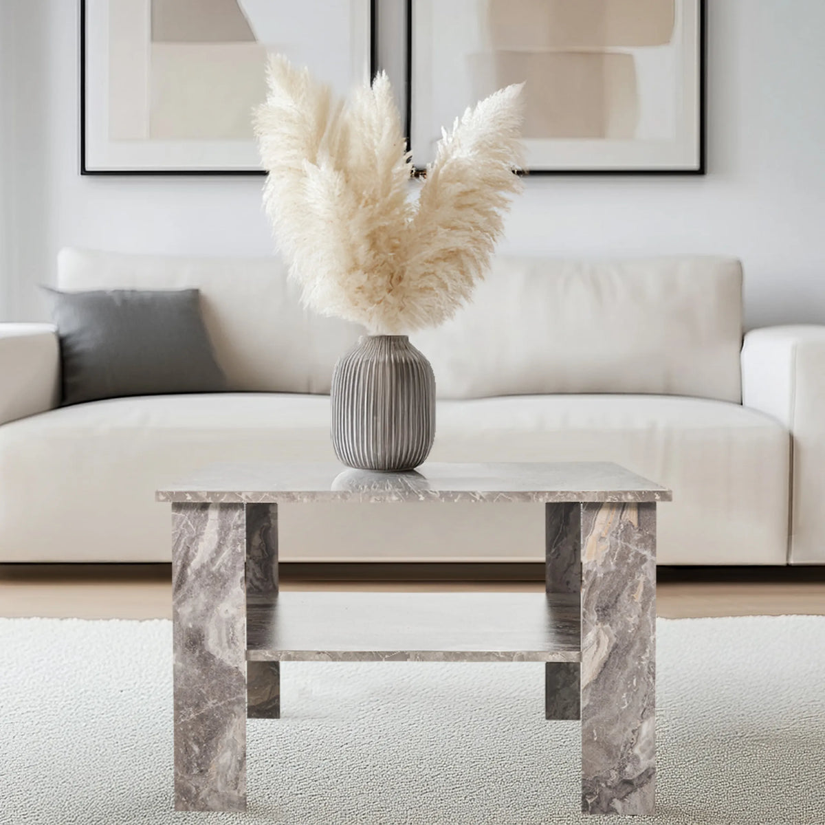 Grijze salontafel BISMO met marmerlook in maat 70 × 70 cm van hjh LIVING