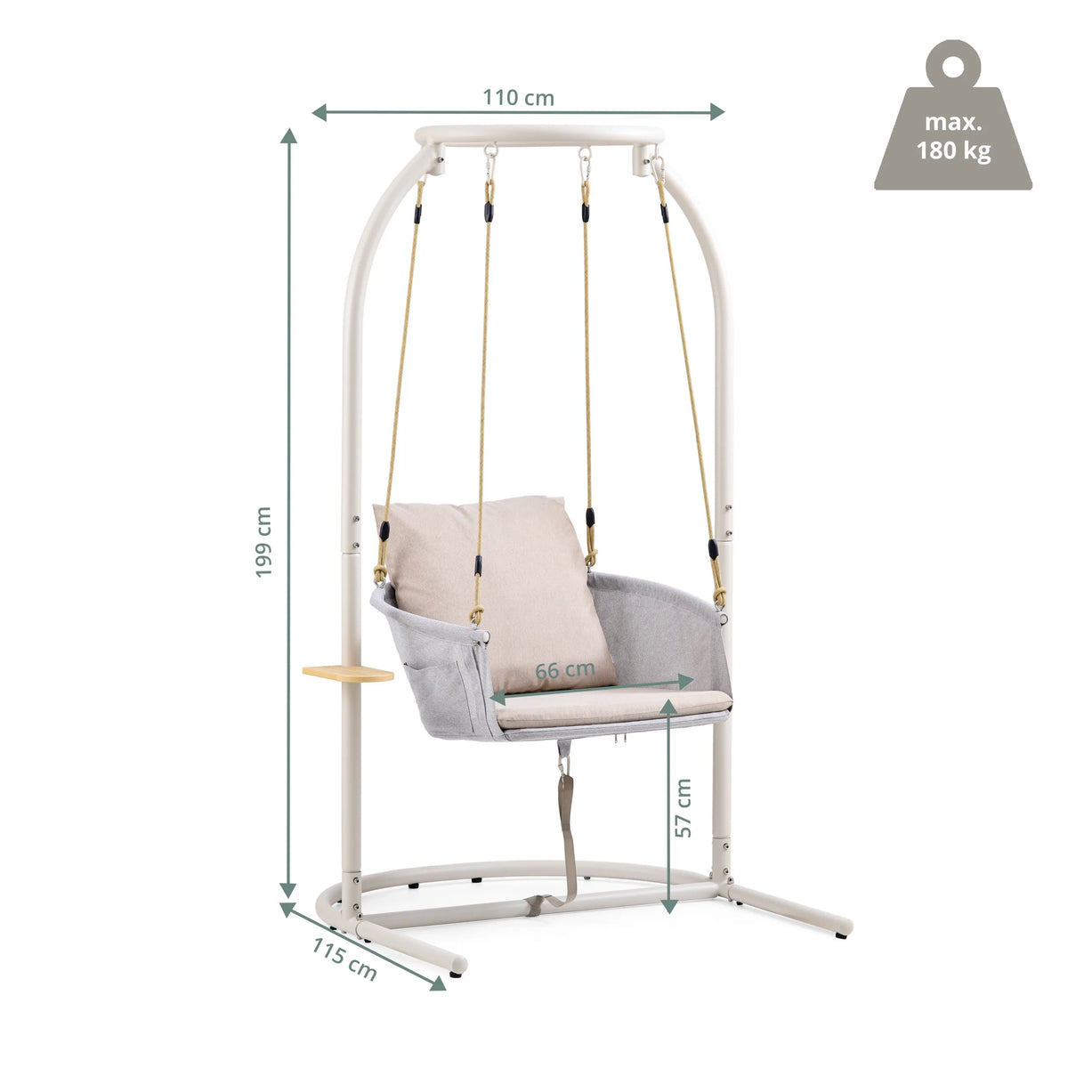 Maattekening van de Hangstoel Skylo met 199 cm hoogte en 110 cm breedte van hjh LIVING