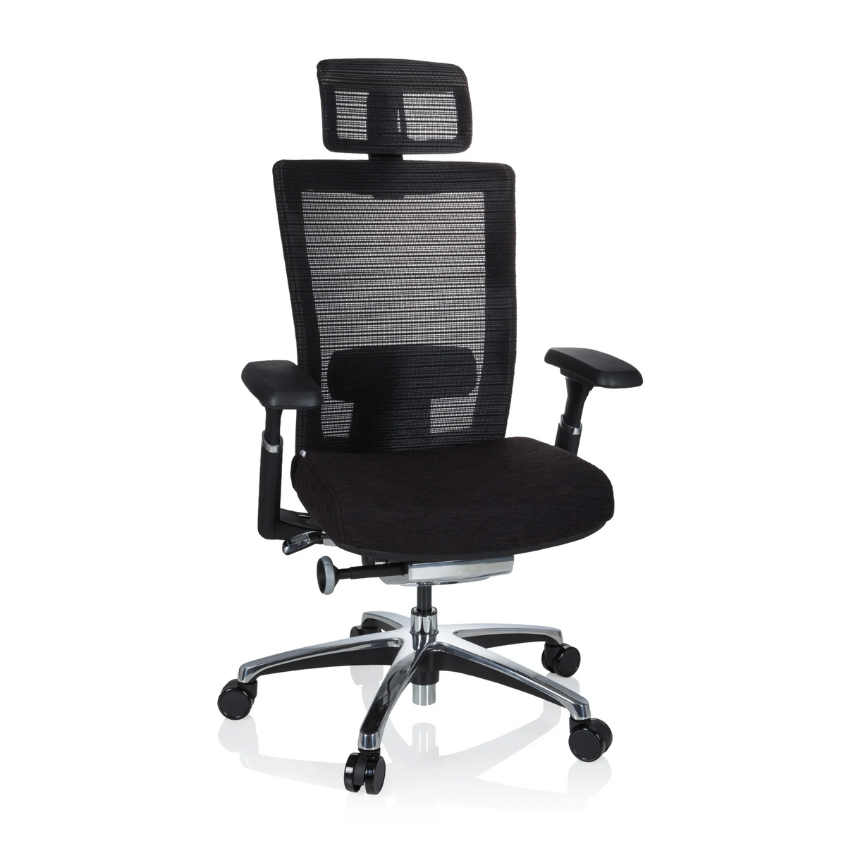 Zwarte High end bureaustoel NOVA PRO I met netrug en vijfster-onderstel met wielen van hjh OFFICE – 360-gradenweergave (vooraanzicht 20°)