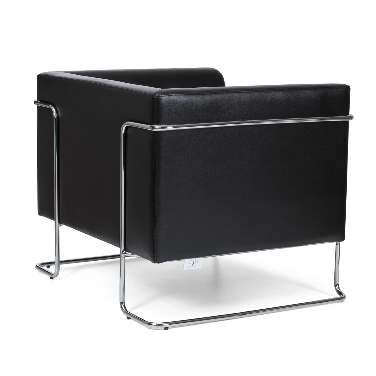 Zwarte gestoffeerde fauteuil CURACAO met verchroomd buizenframe van hjh OFFICE – 360-gradenweergave (schuin achteraanzicht 120°)