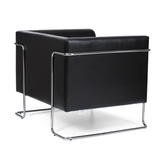 Zwarte gestoffeerde fauteuil CURACAO met verchroomd buizenframe van hjh OFFICE – 360-gradenweergave (schuin achteraanzicht 120°)