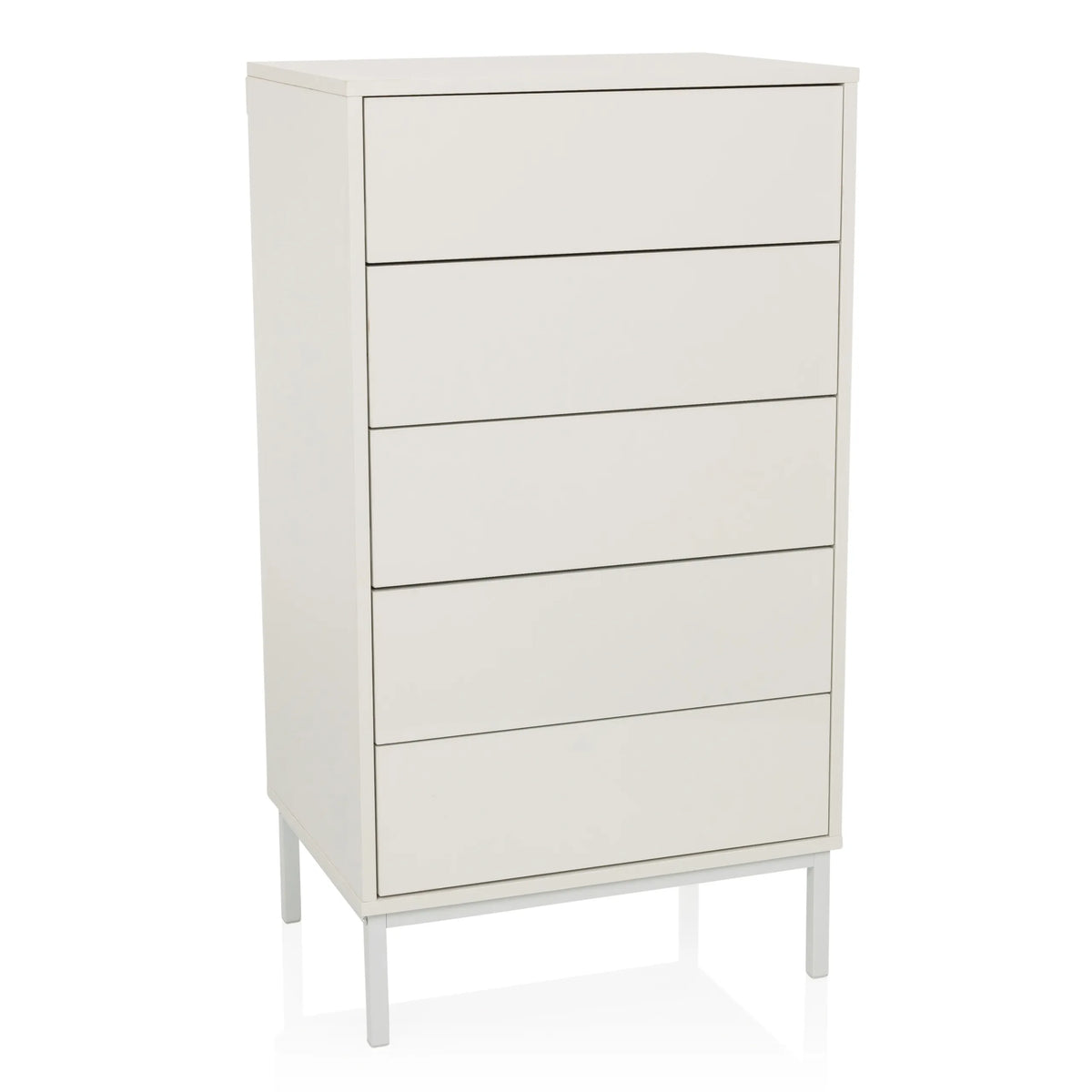 Witte Commode BJORDAL met vijf lades en slanke metalen poten van hjh LIVING – 360-gradenweergave (vooraanzicht 15°)