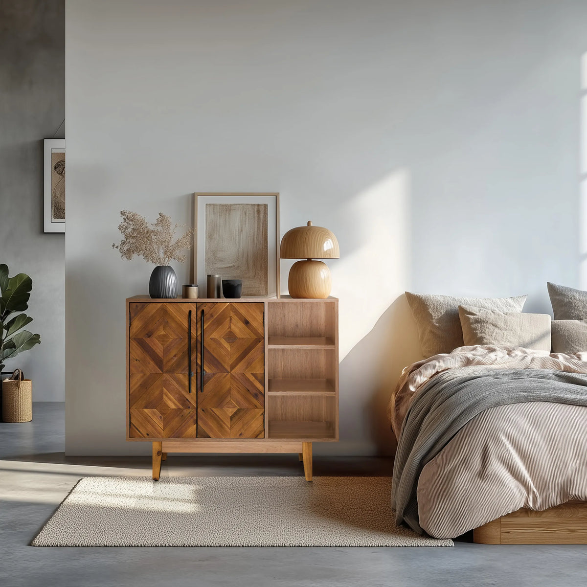 Commode SANTJAGO WOOD L van donkerbruin hout met geometrisch patroon en open vakken van hjh LIVING