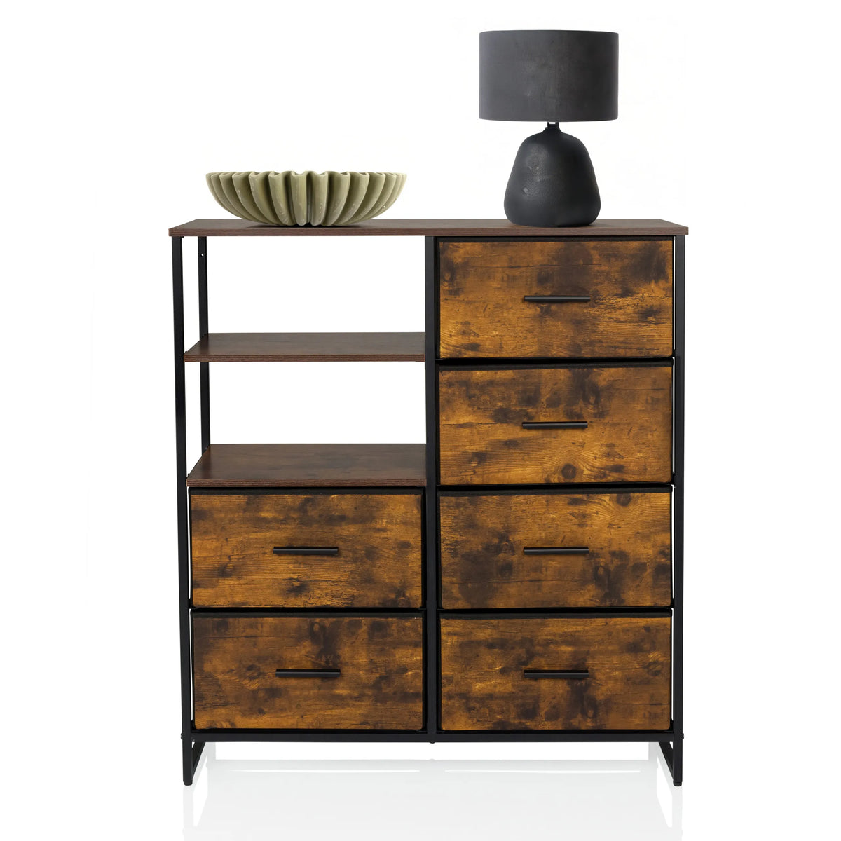 Commode RAGALA in gerookt eiken met vier laden, twee open planken en een zwart metalen frame van hjh LIVING