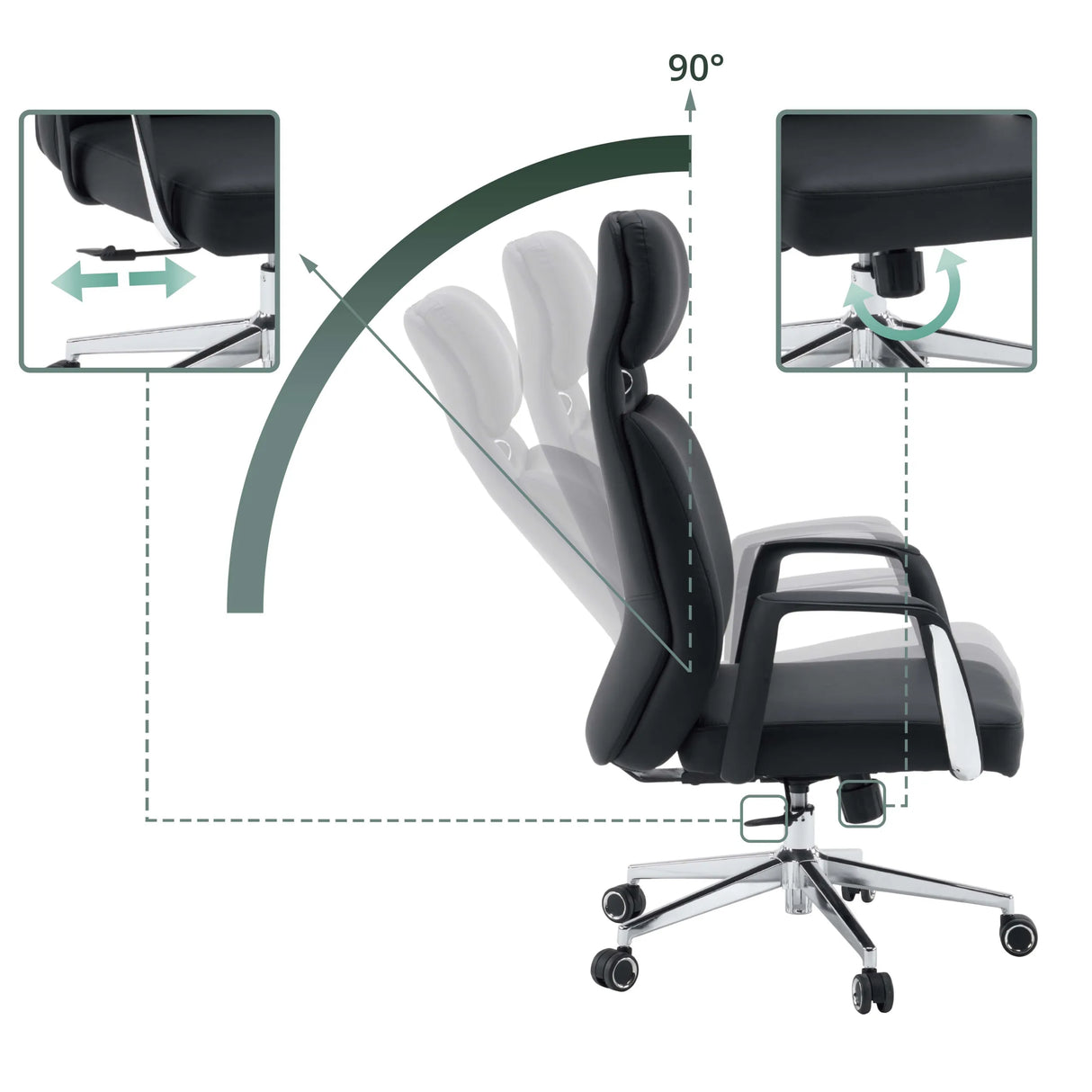 Verstelbare rugleuning met 90 graden neiging van de Professionele directiestoel VELVET ECO van hjh OFFICE