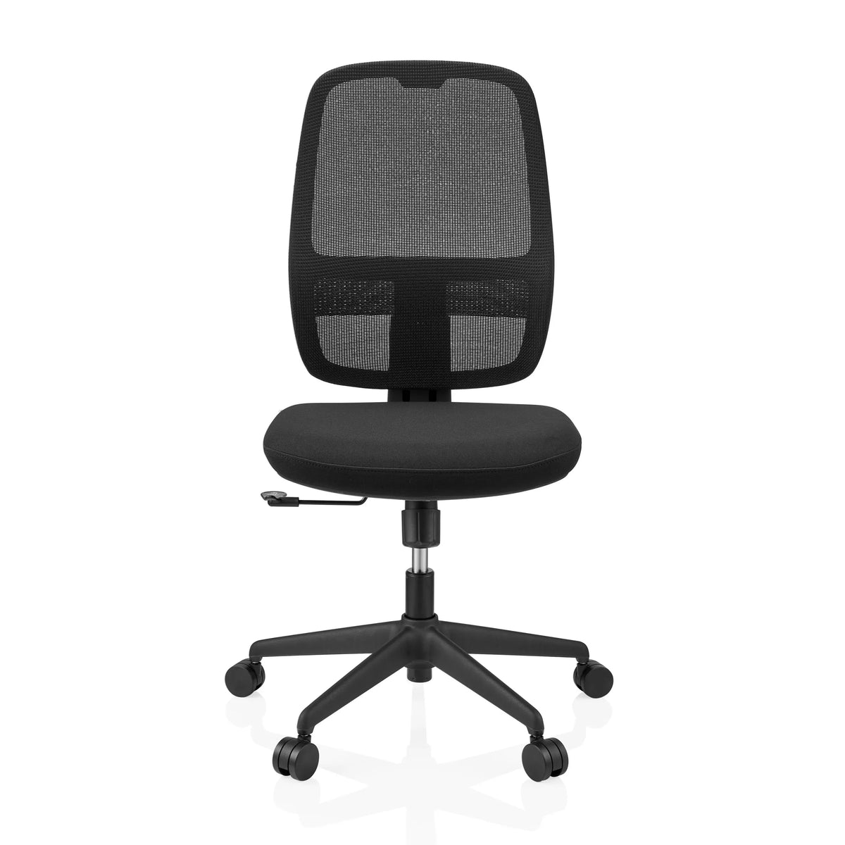 Zwarte Professionele bureaustoel Minoro B met netrugleuning en vijfpoot met rolletjes van hjh OFFICE – 360-gradenweergave (vooraanzicht 0°)