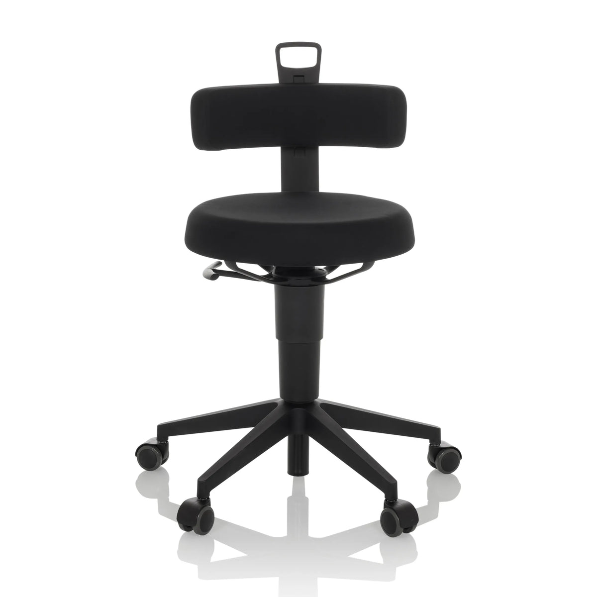 Zwarte Draaikruk TOP WORK FLEX met rugleuning, handgreep en vijfsterren voet met wieltjes van hjh OFFICE – 360-gradenweergave (vooraanzicht 0°)