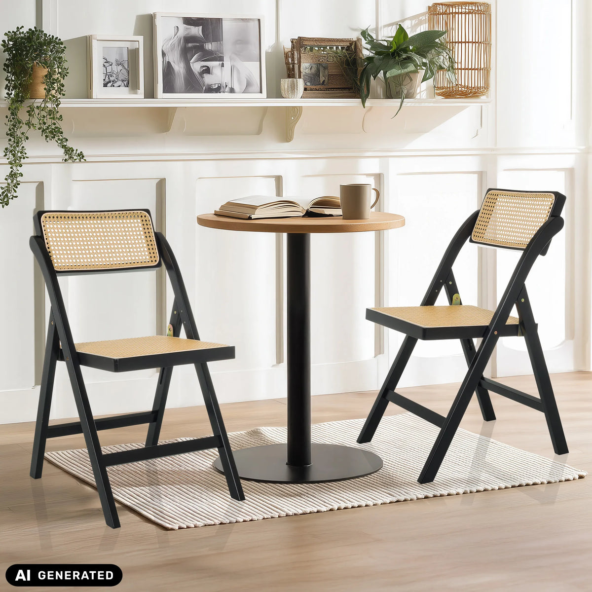 Twee TUDELA BAMBOO klapstoelen in zwart en bruin met Weens vlechtwerk van hjh LIVING (AI-gegenereerde afbeelding)