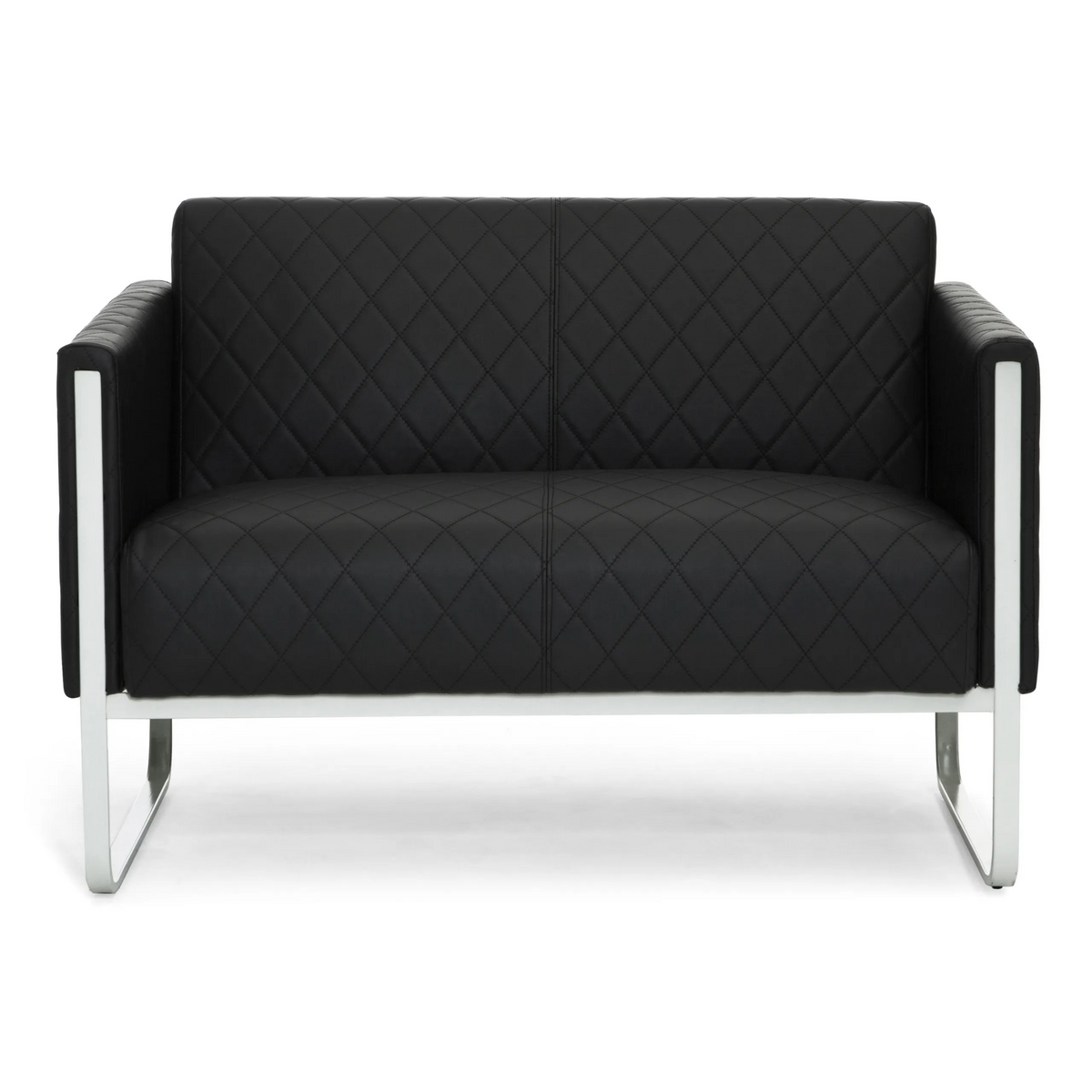 Zwarte ARUBA STEP lounge bank als tweezitter met ruitstiksel en metalen onderstel van hjh OFFICE – 360-gradenweergave (vooraanzicht 0°)