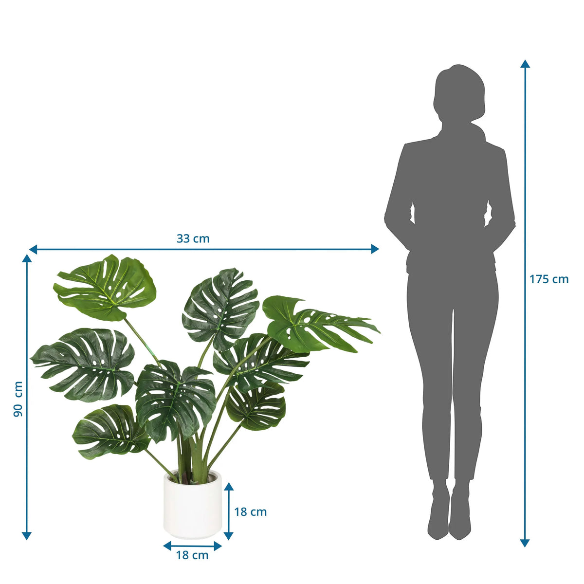 Maattekening van de Kunstplant MONSTERA I met een hoogte van 90 cm en breedte van 33 cm van hjh OFFICE
