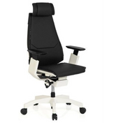 High end bureaustoel GENIDIA PRO WHITE met zwarte lederen bekleding en wit frame van hjh OFFICE