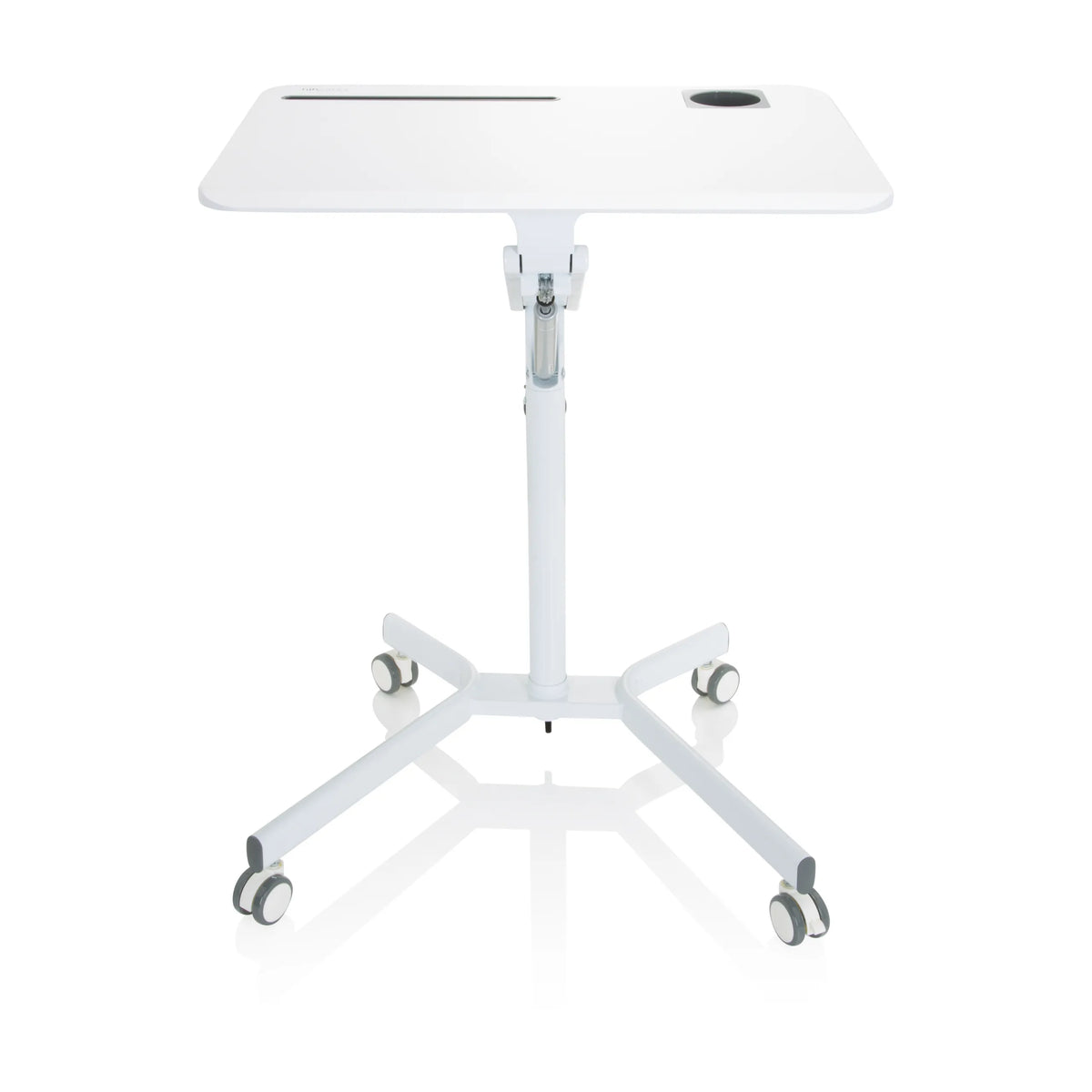 Wit Zit- Sta bureau STAND VM-SU I met in hoogte verstelbare poot en vijfpuntig onderstel met wielen van hjh OFFICE – 360-gradenweergave (vooraanzicht 0°)
