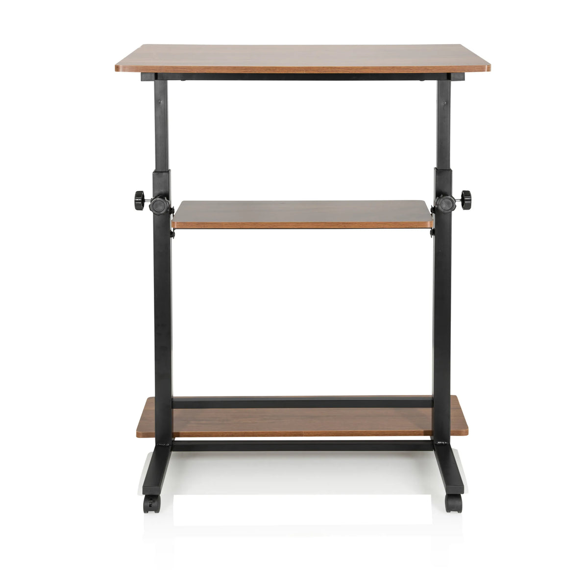 Zwart walnoothouten Zit- Sta bureau WORKSTATION II met twee legplanken en zwenkwielen van hjh OFFICE – 360-gradenweergave (vooraanzicht 0°)