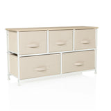 Beige Commode FOLDAR met vijf stoffen lades en wit frame van hjh LIVING – 360-gradenweergave (schuin vooraanzicht 30°)