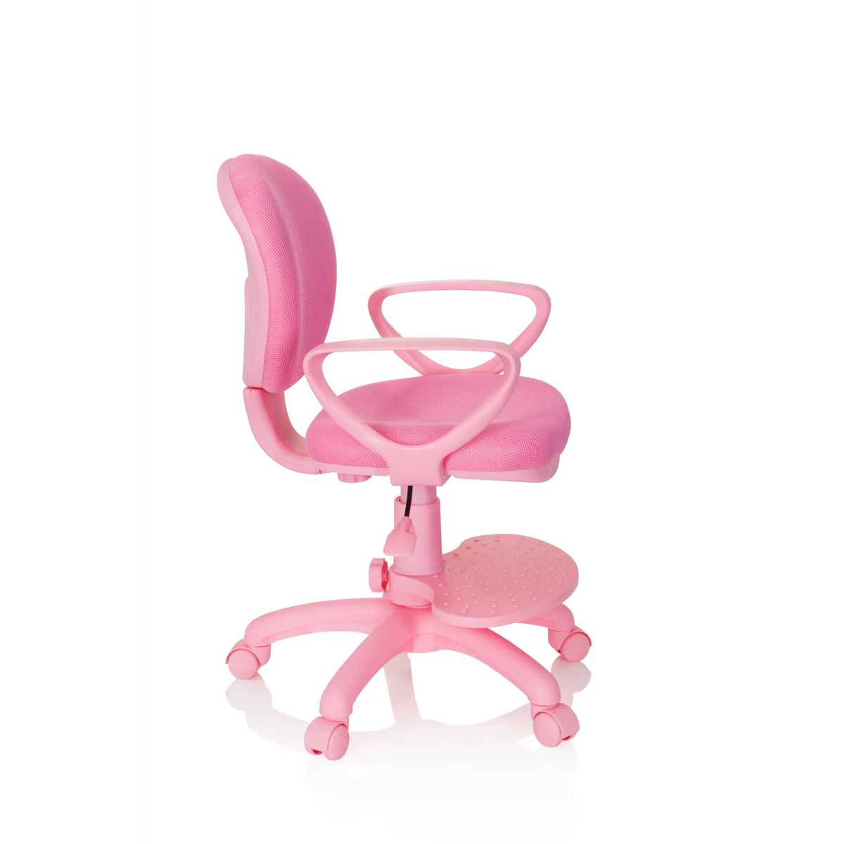 Roze Kinder bureaustoel KID COLOUR met armleuningen en vijfsterrenvoet met rolletjes van hjh OFFICE – 360-gradenweergave (zijaanzicht 80°)