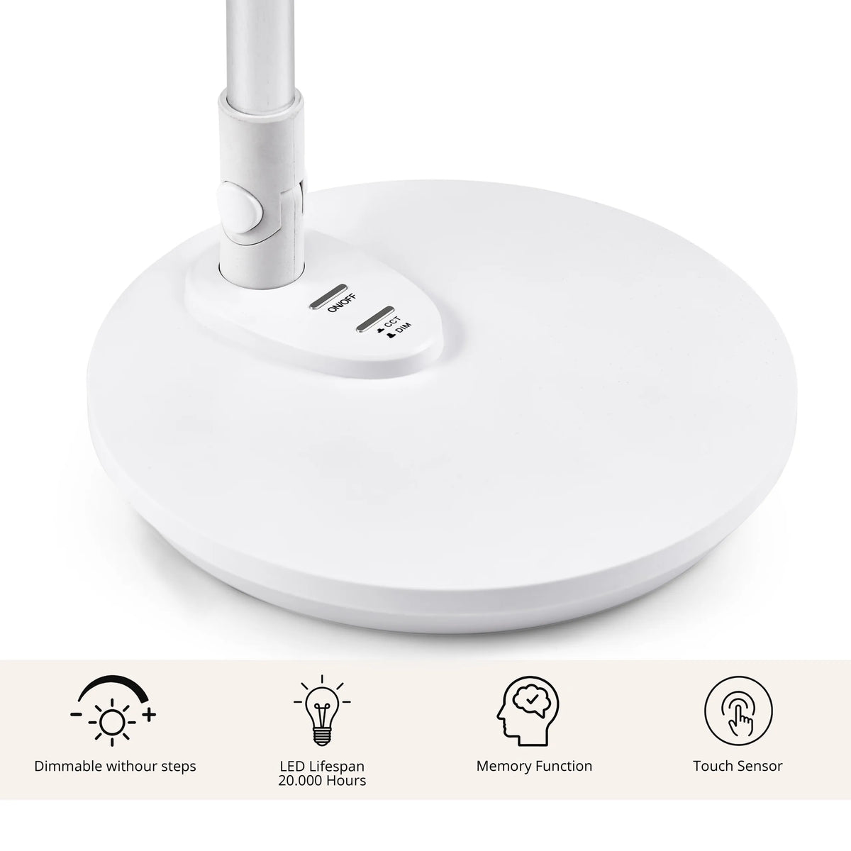 Witte voet van de Lumanova D3 bureaulamp met touchbediening voor aan-uit- en dimfunctie van hjh OFFICE