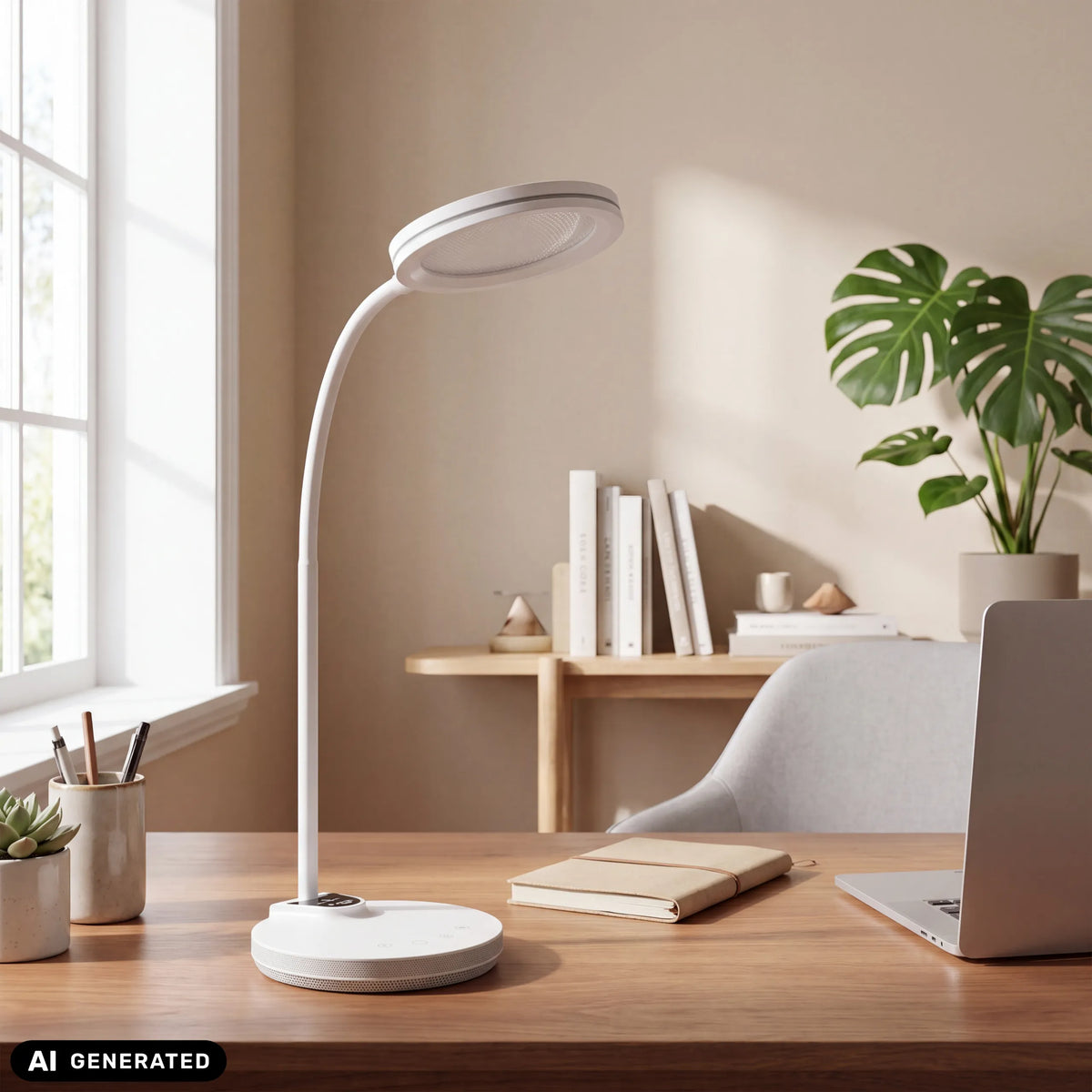 Witte Lumanova D5 bureaulamp met gebogen hals op een houten tafel van hjh OFFICE (AI-gegenereerde afbeelding)