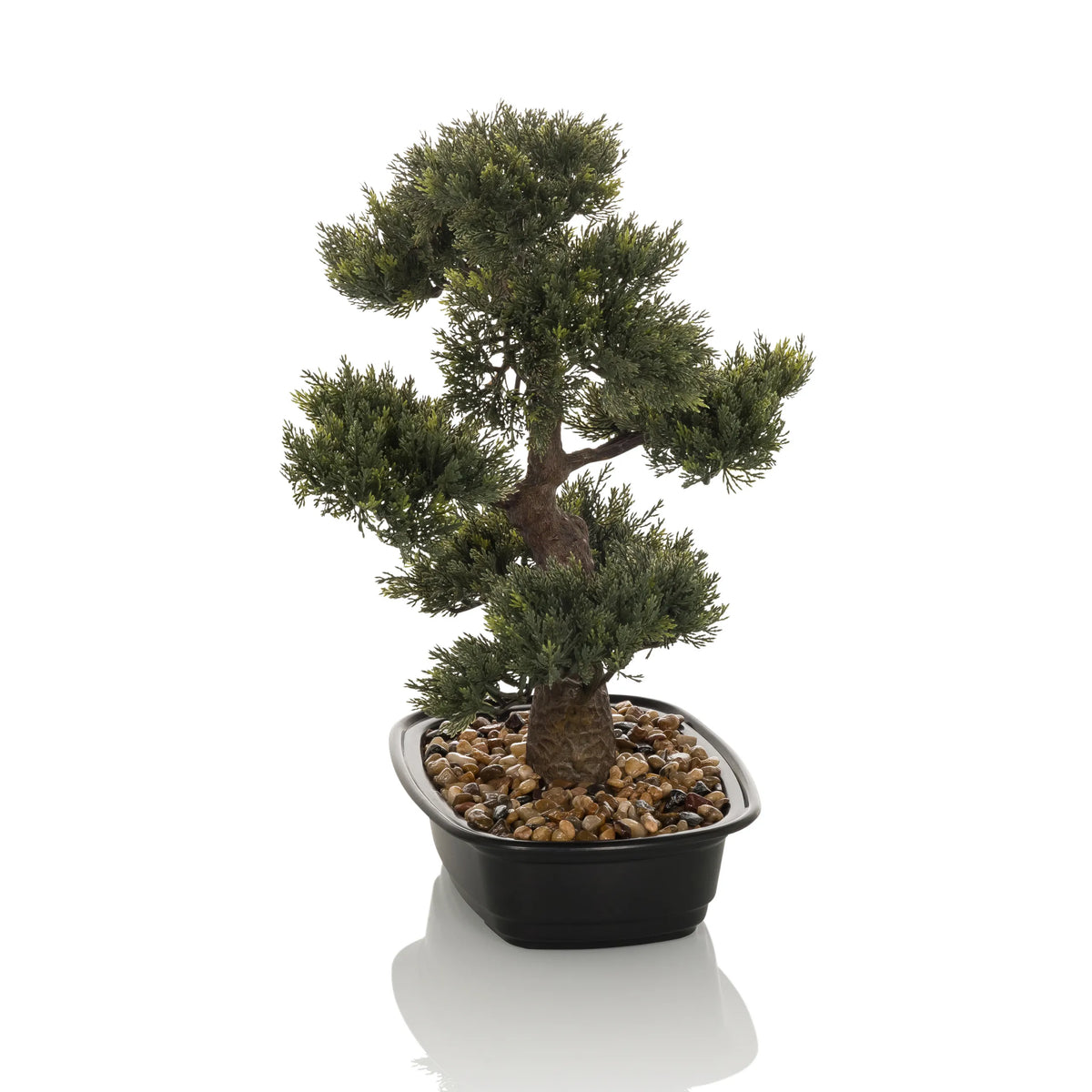 Groene Kunstplant BONSAI in de vorm van een bonsai in een zwarte pot met kiezels van hjh OFFICE – 360-gradenweergave (vooraanzicht 0°)