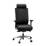 Zwarte Professionele bureaustoel PRO-TEC XXL van leer met hoofdsteun en vijfstervoet met zwenkwielen van hjh OFFICE – 360-gradenweergave (vooraanzicht 15°)