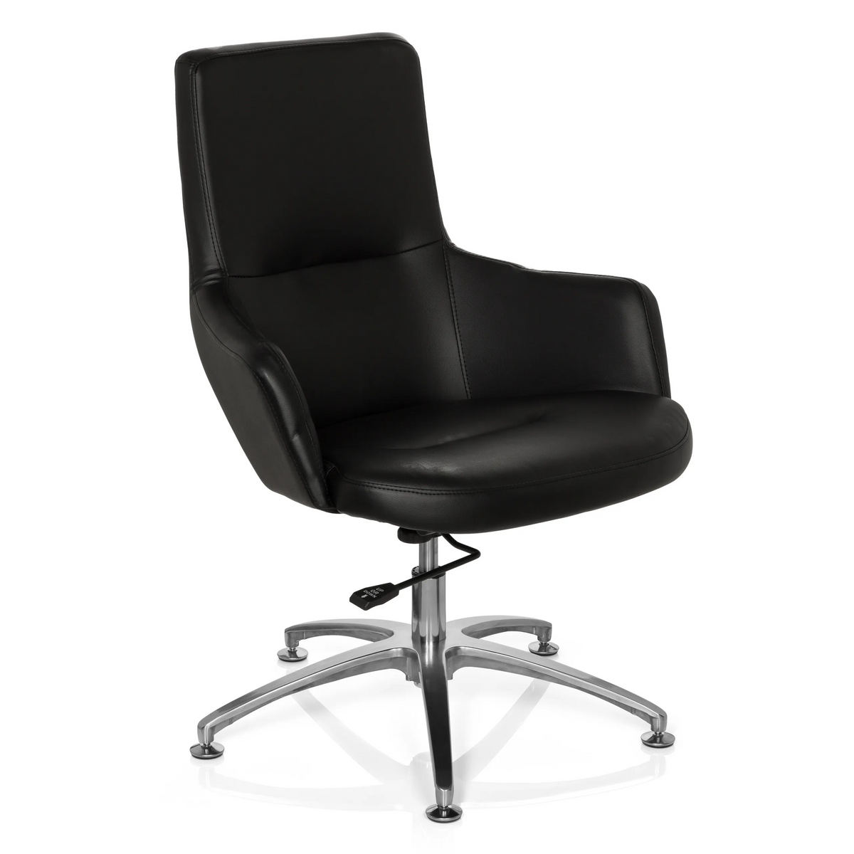 Zwarte Lounge stoel SHAKE 300 met bekleding en glanzend kruisvoet van hjh OFFICE – 360-gradenweergave (schuin vooraanzicht 40°)