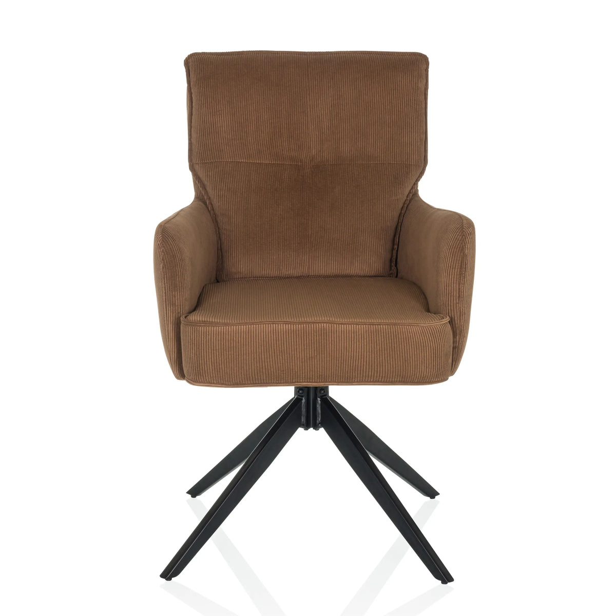 Bruine gestoffeerde stoel TARUGO met corduroy bekleding en zwart vierstervormig onderstel van hjh LIVING – 360-gradenweergave (vooraanzicht 0°)