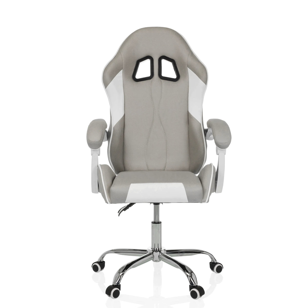 Grijs-witte Gamestoel GAMEBREAKER W03 met twee openingen voor hoofdsteunen en een vijfpoot met zwenkwielen van MyBuero – 360-gradenweergave (vooraanzicht 0°)