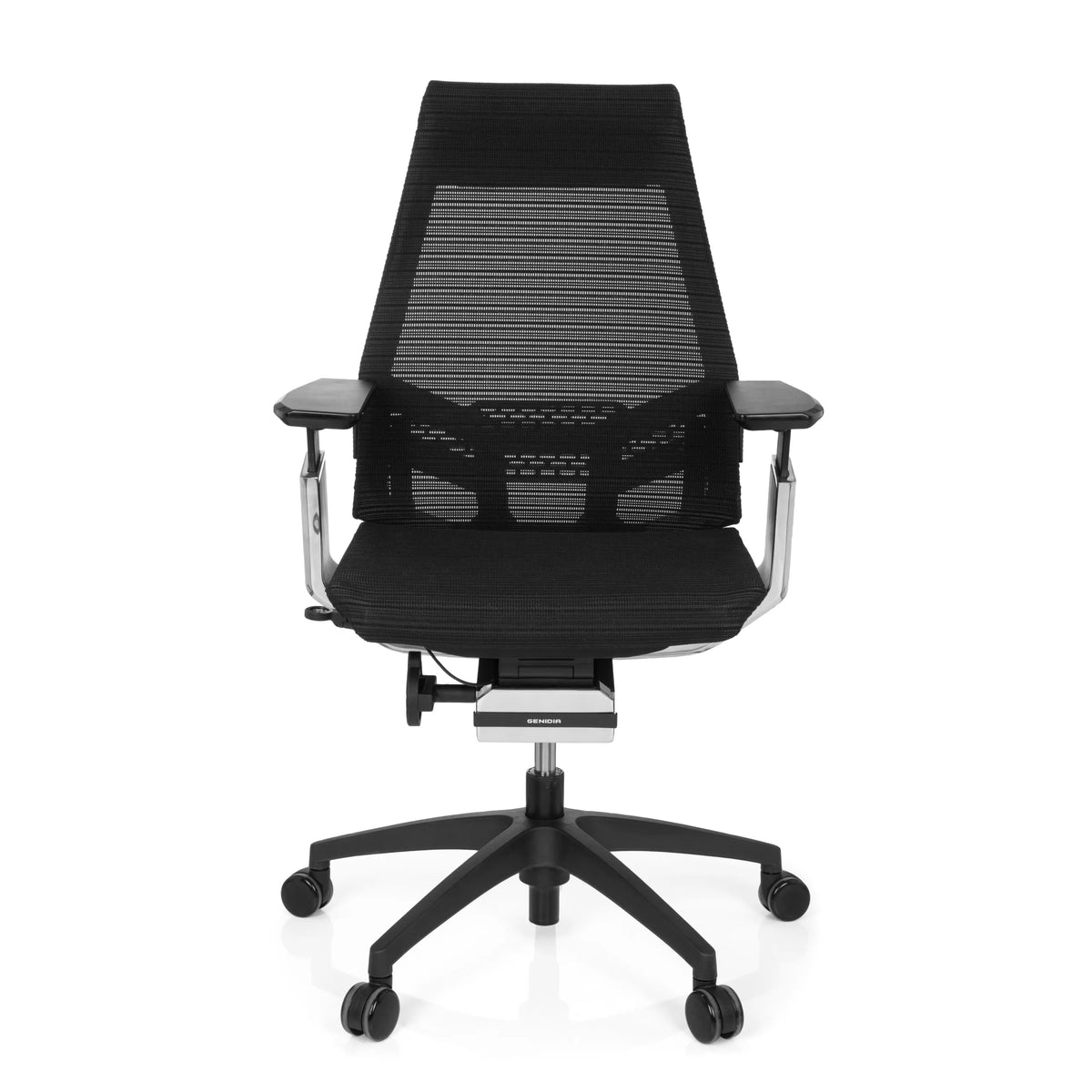 Zwarte Professionele bureaustoel GENIDIA SMART BLACK CM met netrug en vijfpoot met wielen van hjh OFFICE – 360-gradenweergave (vooraanzicht 0°)
