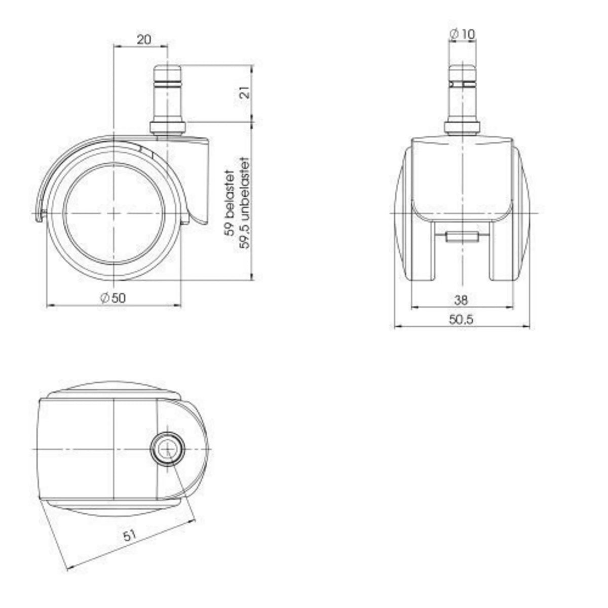 Technische tekening van de bureaustoelwielen 5x ROLO EASY 10mm/50mm met een diameter van 50 mm van hjh OFFICE