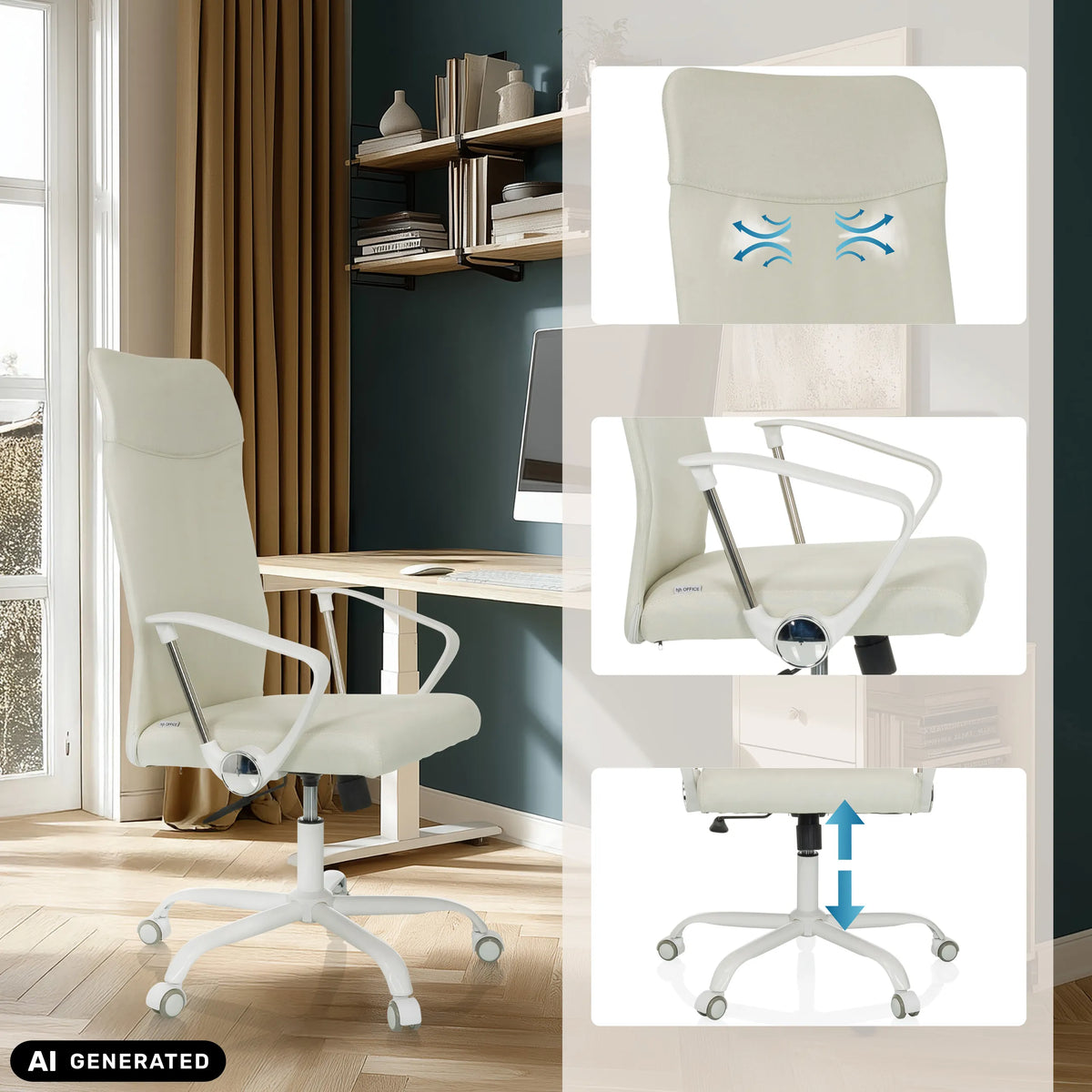 Thuisgebruik bureaustoel STRYKA W in beige met lendensteun en hoogteverstelling van hjh OFFICE (AI-gegenereerde afbeelding)