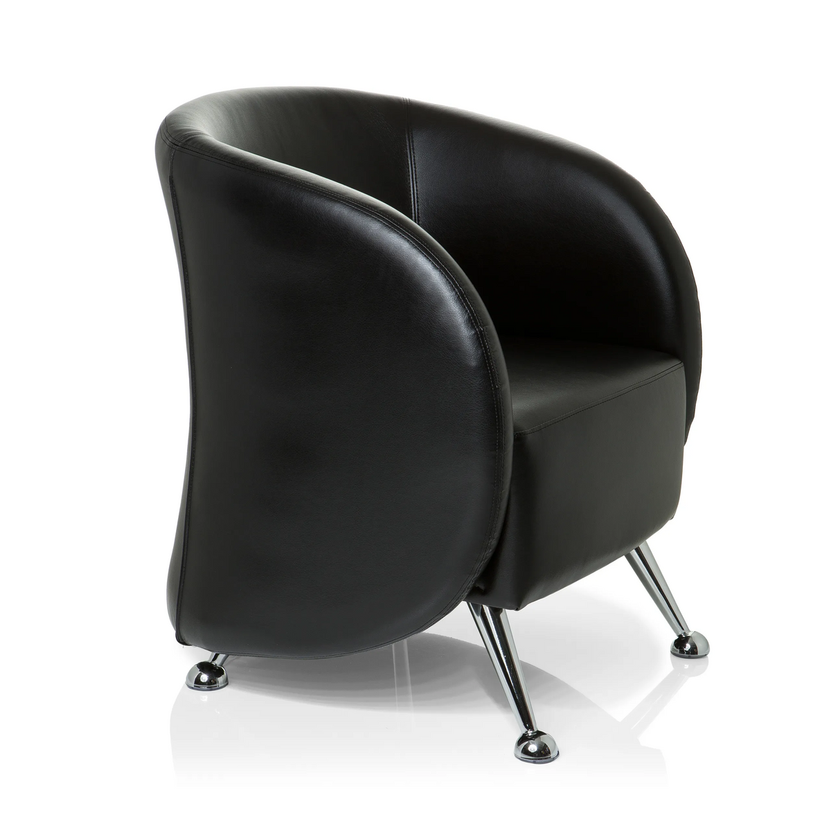 Zwarte gestoffeerde fauteuil ST. LUCIA met glanzende metalen poten van hjh OFFICE – 360-gradenweergave (schuin vooraanzicht 60°)