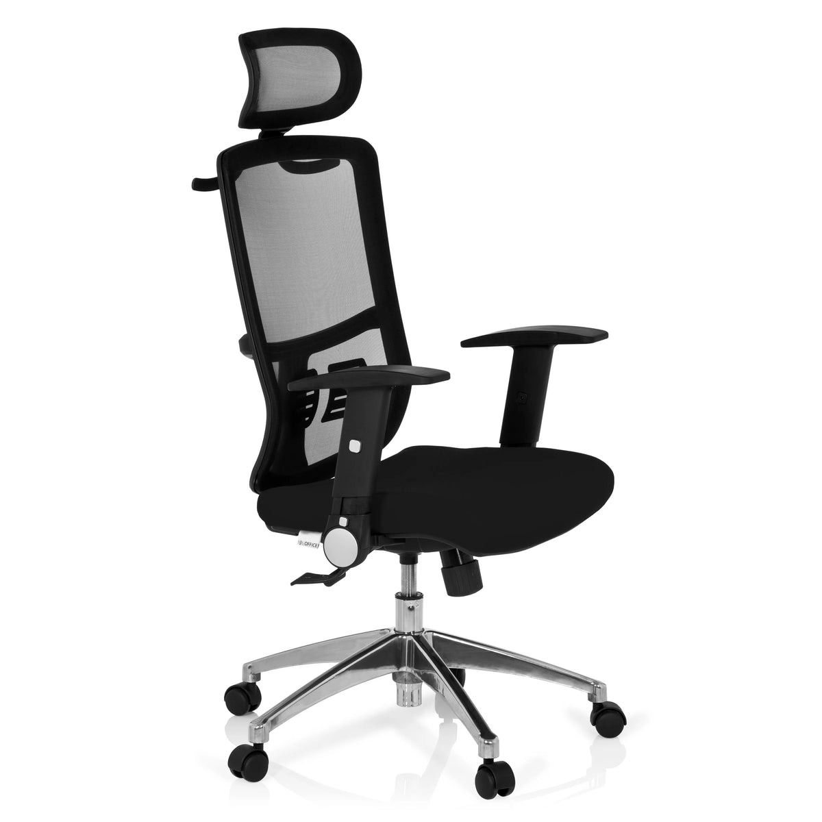 Zwarte Professionele bureaustoel CAYEN met netrug, hoofdsteun en vijfpoot met wielen van hjh OFFICE – 360-gradenweergave (schuin vooraanzicht 60°)
