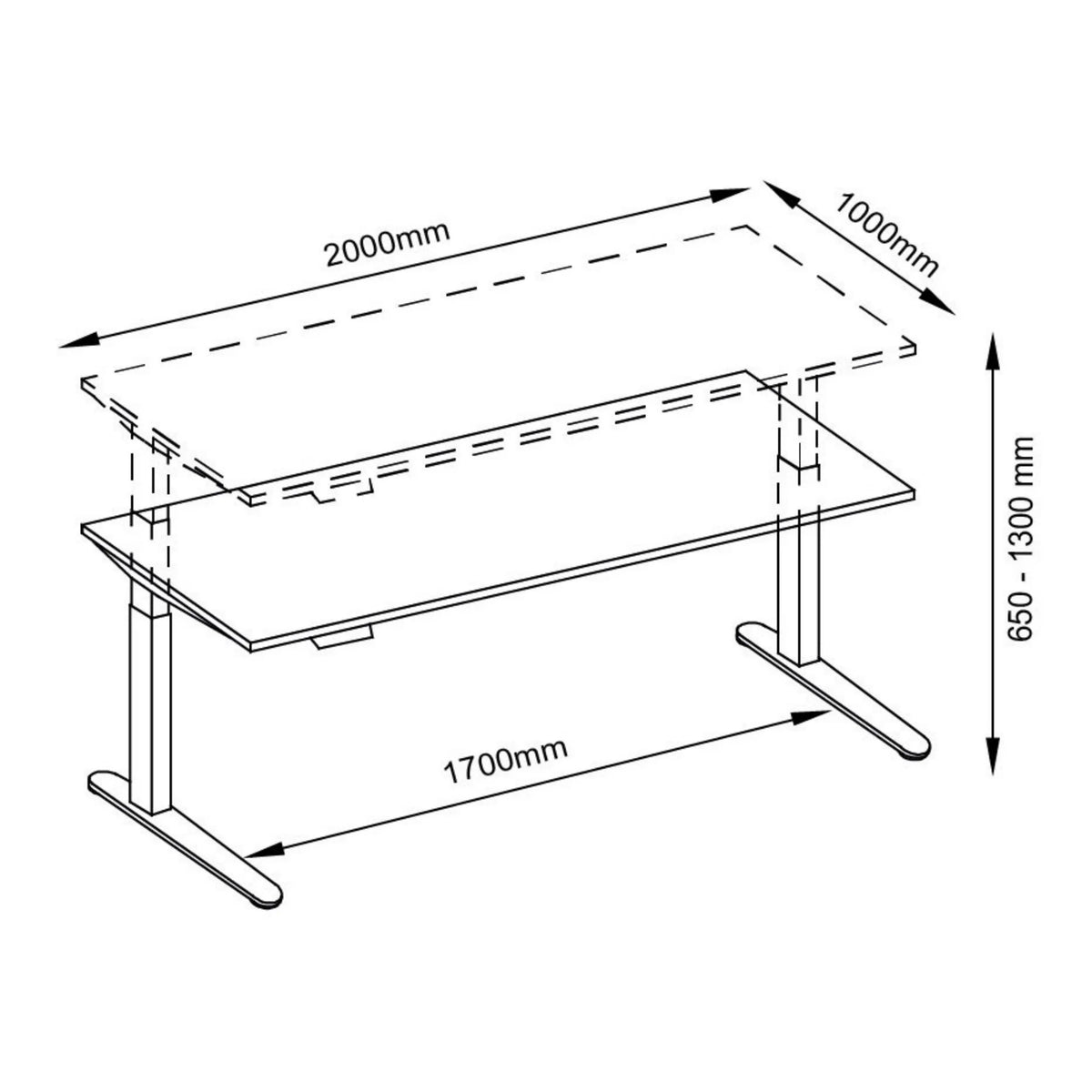 Technische Zeichnung des Schreibtischs XBHM 2E WC mit 2000 x 1000 mm von hjh OFFICE PRO