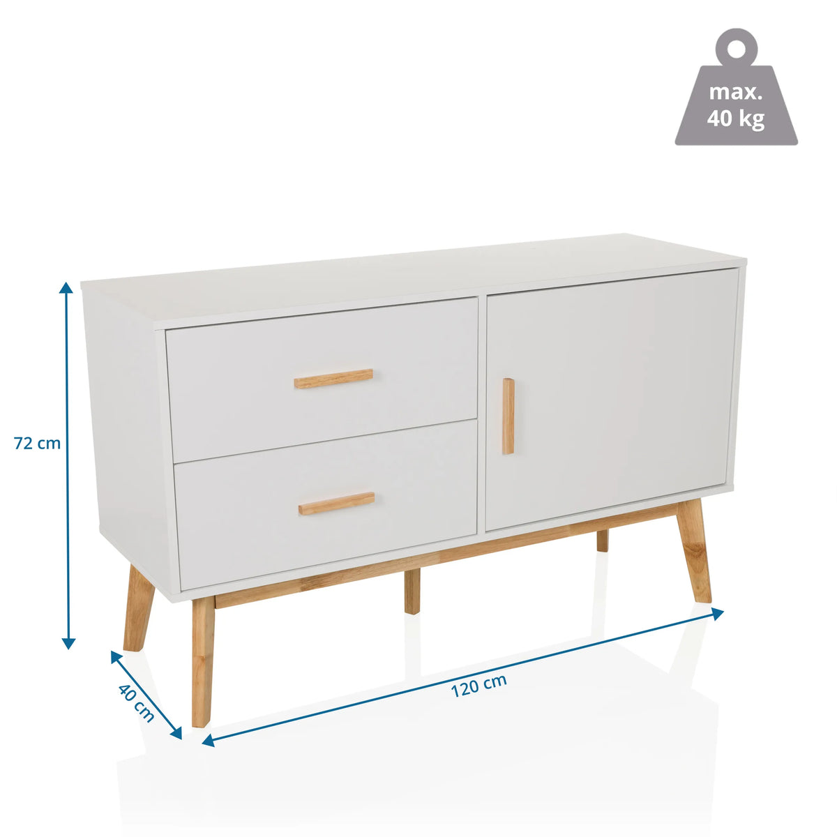 Maatafbeelding van het Dressoir TAROLO met 120 × 40 cm en een maximale belasting van 40 kg van hjh LIVING