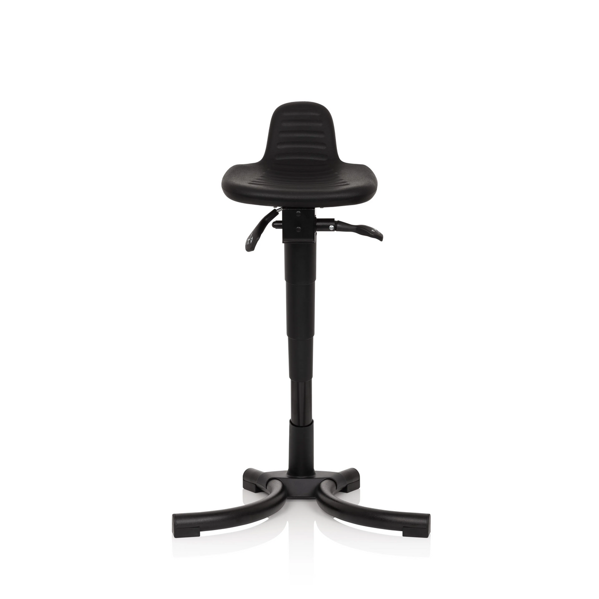 Schwarze Stehhilfe TOP WORK 34 mit Sitzfläche, Rückenlehne und vierfußigem Standfuß von hjh OFFICE – 360-Grad-Ansicht (Frontansicht 0°)