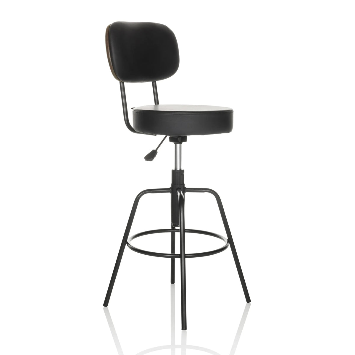 Zwarte Barkruk DISC HIGH met rugleuning en ronde voetring van hjh OFFICE – 360-gradenweergave (schuin vooraanzicht 45°)
