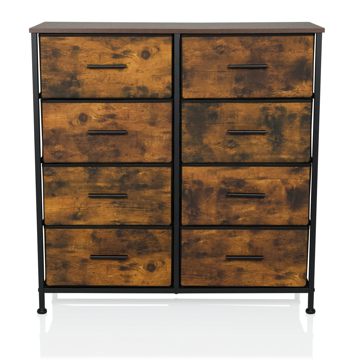 Commode RAGALA LIGHT in gerookt eiken met acht laden en een zwart metalen frame van hjh LIVING – 360-gradenweergave (vooraanzicht 0°)