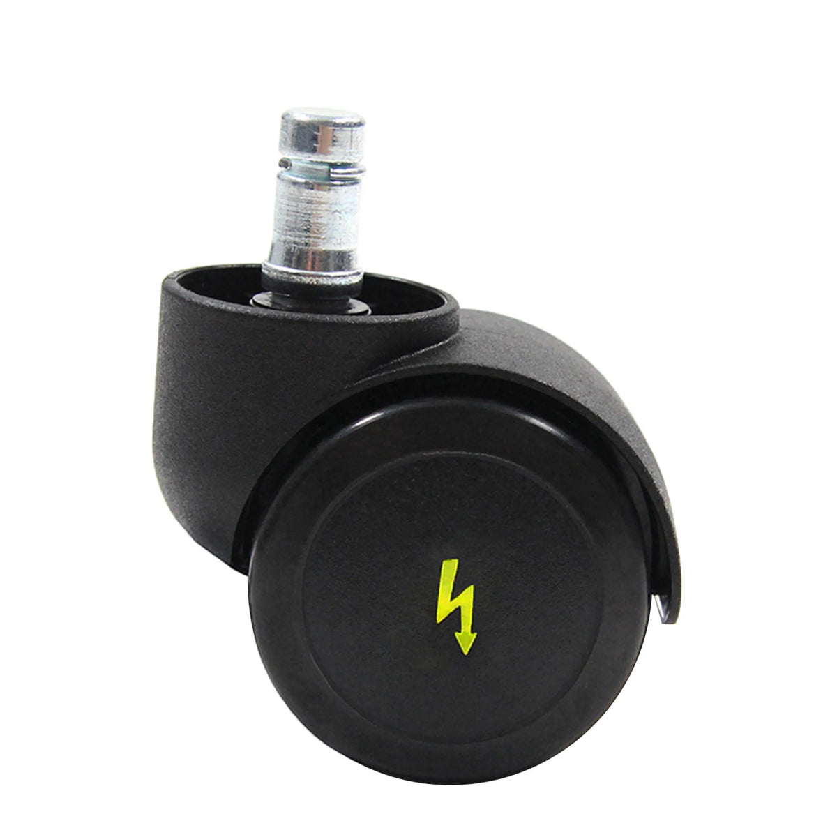Zwarte 5x ROLO ESD 11mm/50mm bureaustoelwielen voor harde vloeren met een geel bliksemsymbool op het loopvlak van hjh OFFICE