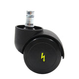 Zwarte 5x ROLO ESD 11mm/50mm bureaustoelwielen voor harde vloeren met een geel bliksemsymbool op het loopvlak van hjh OFFICE