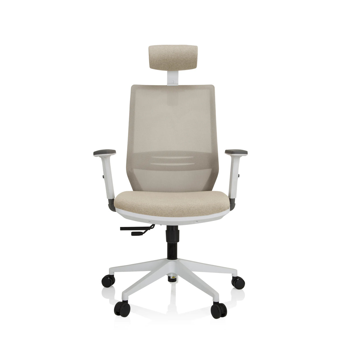 Beige Professionele bureaustoel PROFONDO PRO W met netrug, hoofdsteun en wit kruisvoet met vijf wieltjes van hjh OFFICE – 360-gradenweergave (vooraanzicht 0°)