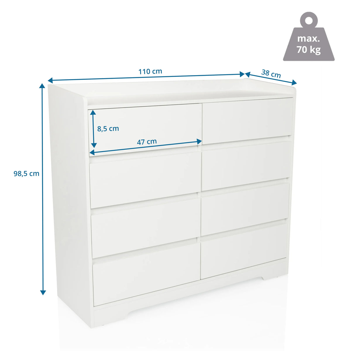 Maattekening van de Commode OSOYRO met 110 × 98,5 cm en een draagvermogen van 70 kg van hjh LIVING