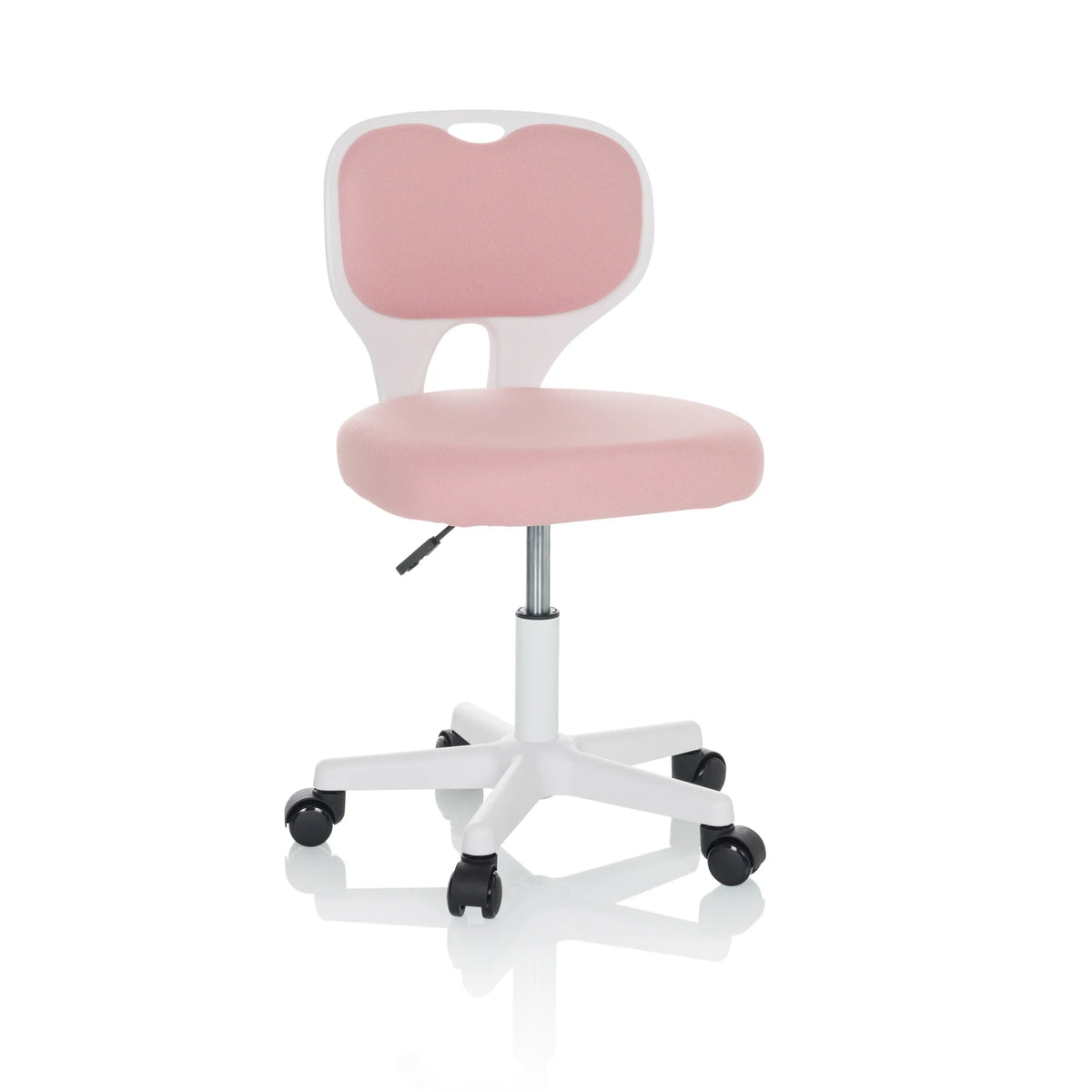 Roze Kinder bureaustoel KIDDY TOP W met wit frame en vijfsterrenvoet met zwenkwielen van hjh OFFICE – 360-gradenweergave (vooraanzicht 15°)