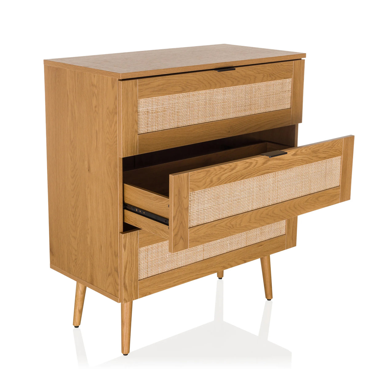 Commode BOHEO K van eikenhout met een open lade en gevlochten fronten van hjh LIVING