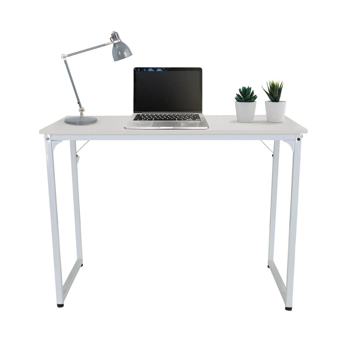 Weißer Schreibtisch WORKSPACE I in den Maßen 100 x 50 cm mit Laptop, Lampe und Pflanzen von hjh OFFICE