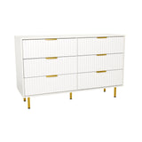 Weißes Sideboard HJELLE mit sechs Schubladen, geriffelten Fronten und goldenen Beinen von hjh LIVING – 360-Grad-Ansicht (Frontansicht 15°)