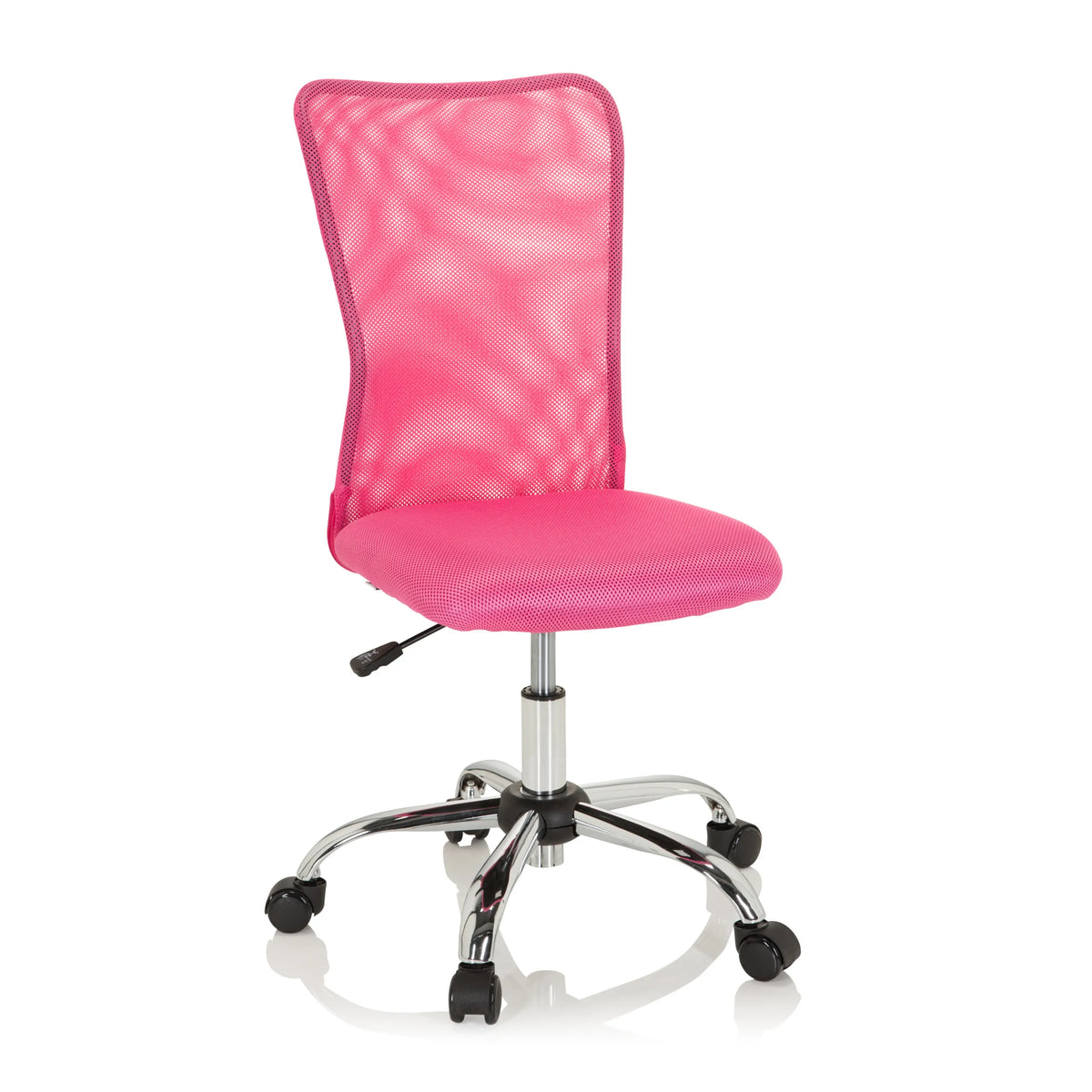 Roze Kinder bureaustoel KIDDY NET I met netrugleuning en vijfpotig onderstel met zwenkwielen van hjh OFFICE – 360-gradenweergave (vooraanzicht 20°)