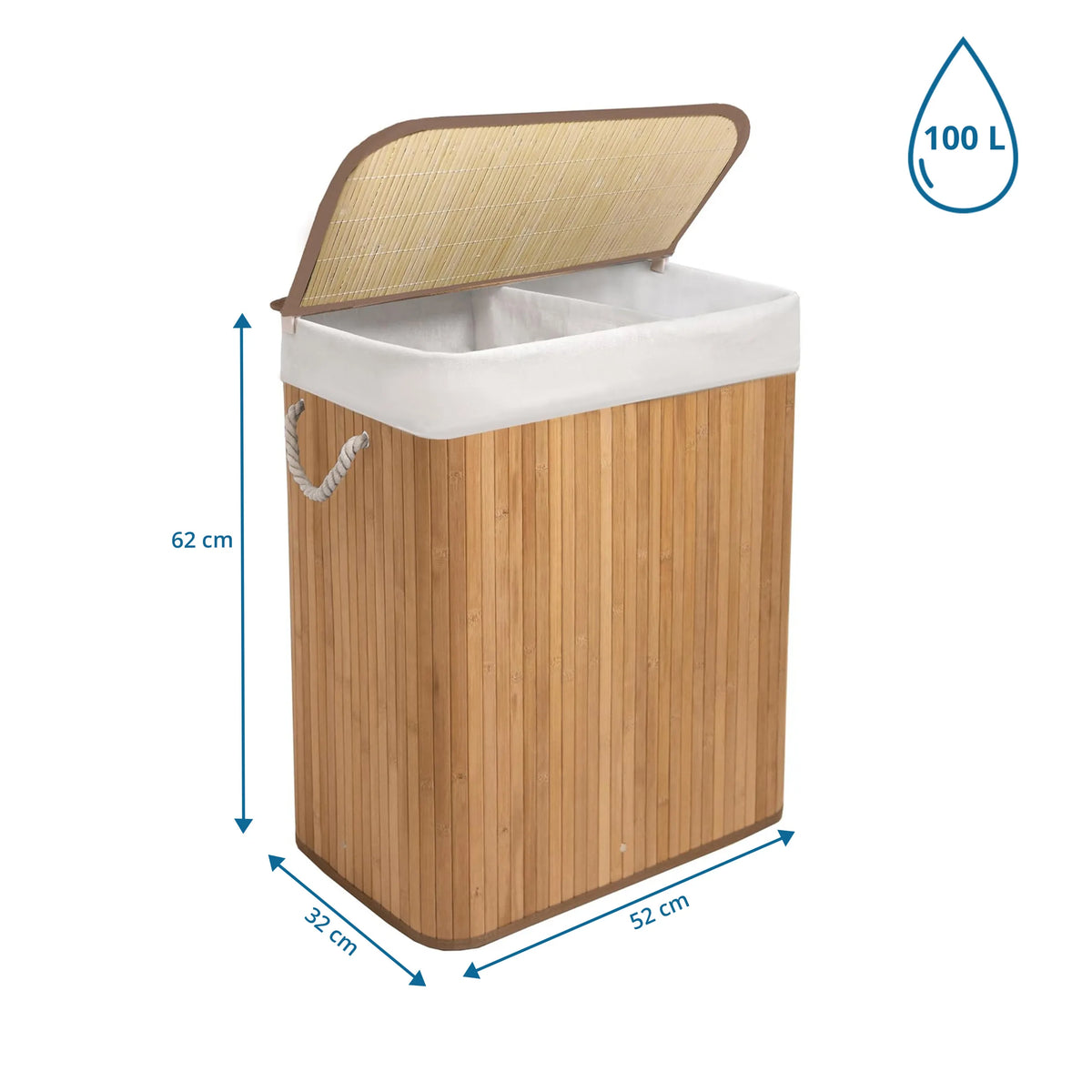 Maattekening van de Wasmand FALSTER XL B met 62 x 52 x 32 cm en 100 L inhoud van hjh LIVING