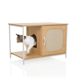 Kattenhuis KITTYHOME 1 in beuken en wit met een ronde opening en een deur met handgreep van hjh LIVING