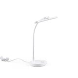 Witte Lumanova D6 bureaulamp met ronde voet, flexibele hals en platte lampkop van hjh OFFICE – 360-gradenweergave (schuin vooraanzicht 30°)
