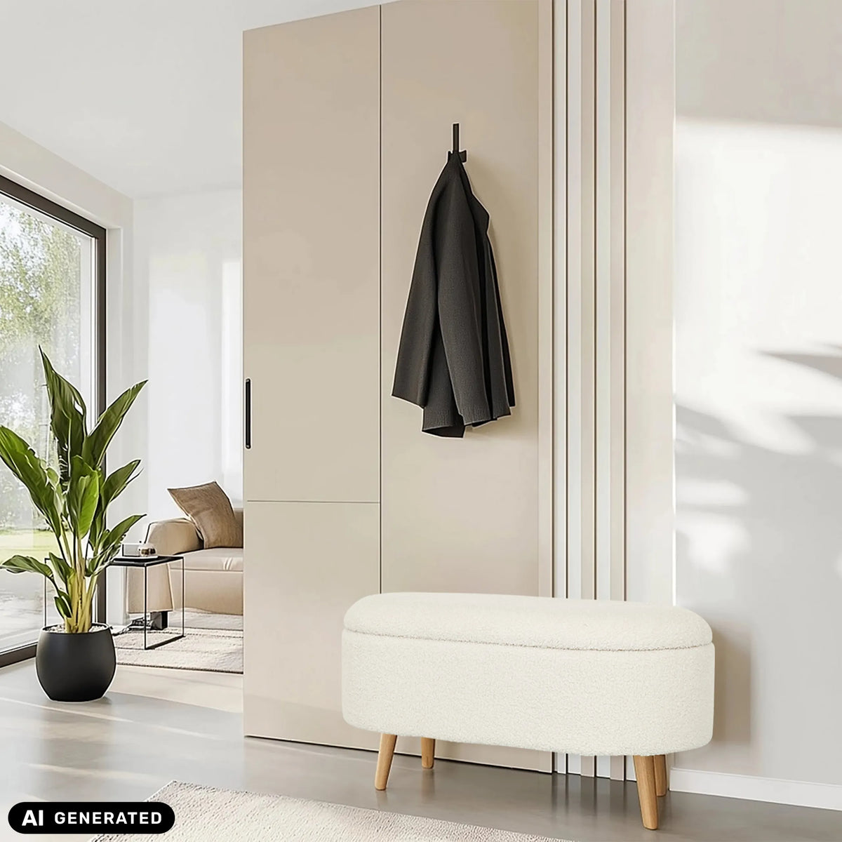 Witte STORIANO zitbank met stoffen bekleding en lichte houten poten van hjh LIVING (AI-gegenereerde afbeelding)